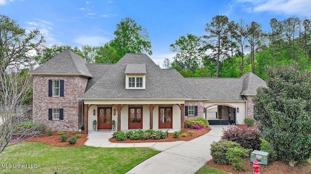 view of front facade with stucco siding, a front yard, brick siding, a shingled roof, and concrete driveway