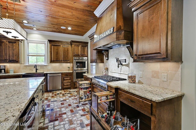 kitchen featuring tasteful backsplash, brick floor, wooden ceiling, stainless steel appliances, and premium range hood