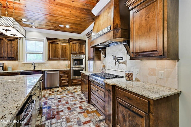 kitchen featuring custom range hood, decorative backsplash, brick floor, wood ceiling, and appliances with stainless steel finishes