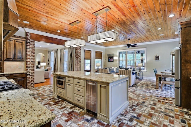 kitchen featuring open floor plan, brick floor, wood ceiling, and ornamental molding
