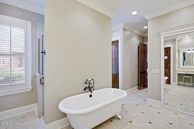 bathroom featuring crown molding, a soaking tub, baseboards, and a stall shower