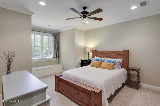 bedroom with crown molding, visible vents, recessed lighting, and carpet floors