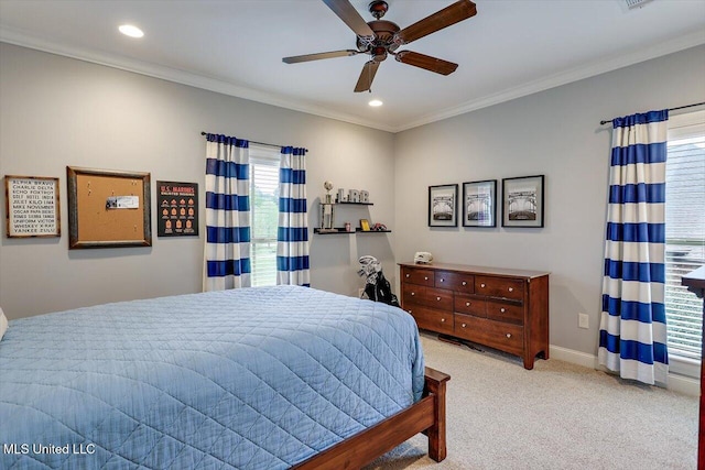bedroom featuring a ceiling fan, ornamental molding, recessed lighting, carpet floors, and baseboards