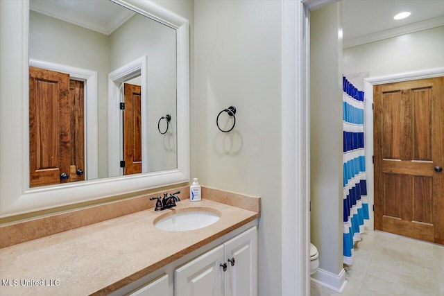 full bathroom with vanity, ornamental molding, recessed lighting, toilet, and tile patterned floors