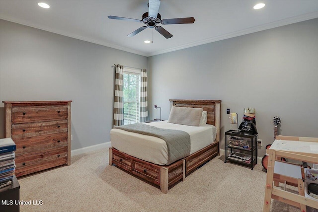 bedroom featuring carpet flooring, baseboards, ornamental molding, and recessed lighting