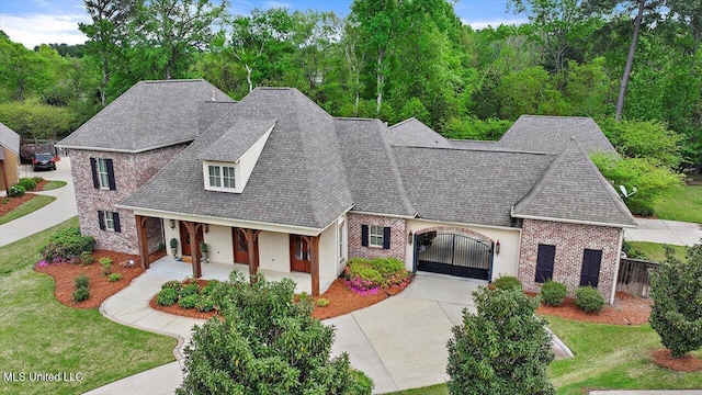 view of front of home with concrete driveway, brick siding, a garage, and a front lawn