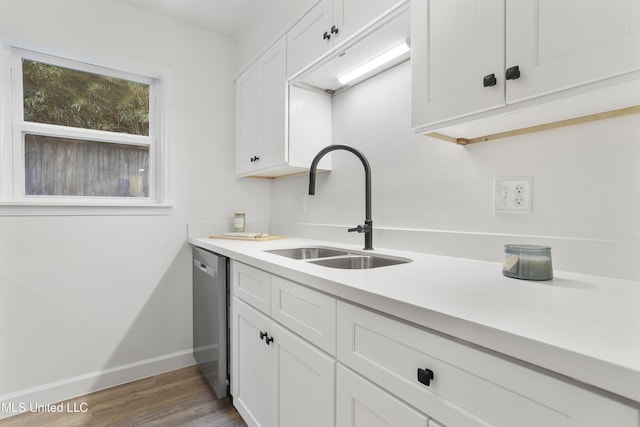 kitchen with stainless steel dishwasher, dark hardwood / wood-style floors, sink, and white cabinets