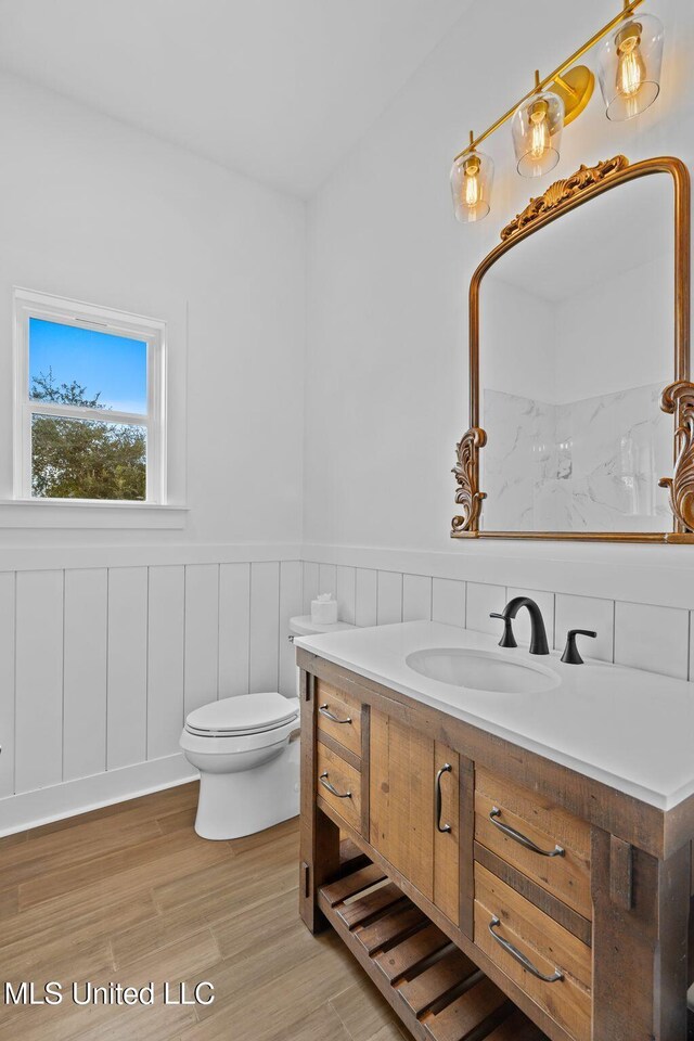 bathroom featuring vanity, hardwood / wood-style floors, and toilet