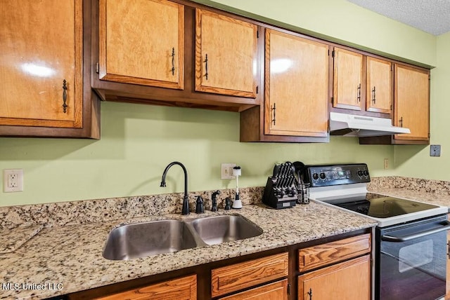 221 Highpoint Dr, Diamondhead, MS 39525 - kitchen featuring light stone counters, sink, a textured ceiling, and electric range oven