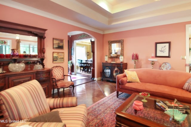 living room featuring crown molding and tile patterned floors