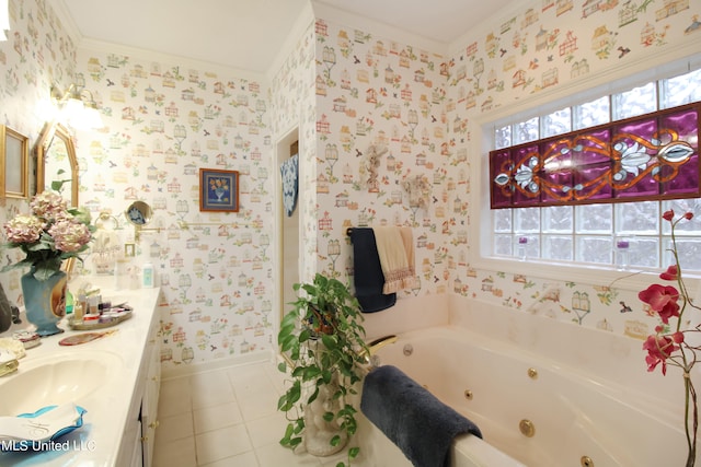 bathroom featuring vanity, crown molding, a bathing tub, and tile patterned floors