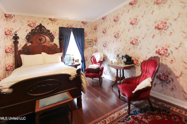 bedroom featuring dark wood-type flooring and ornamental molding