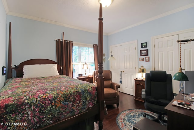 bedroom with crown molding, two closets, and dark hardwood / wood-style flooring