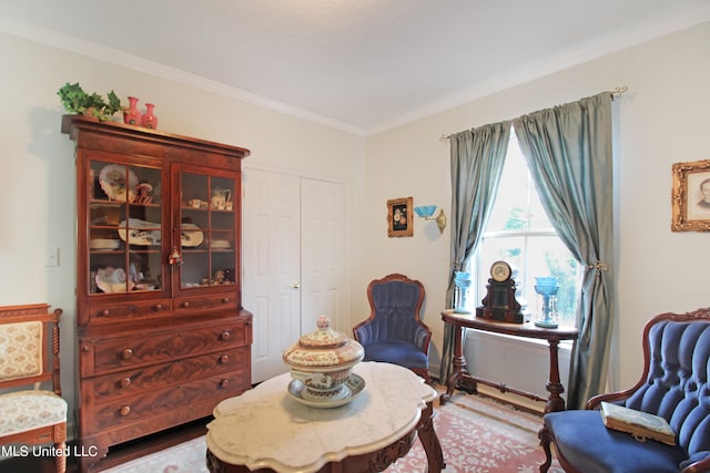 sitting room with ornamental molding and hardwood / wood-style floors