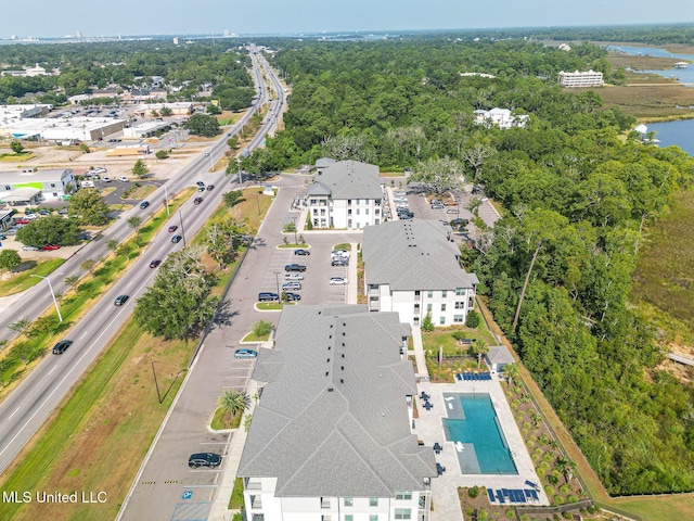 aerial view featuring a water view