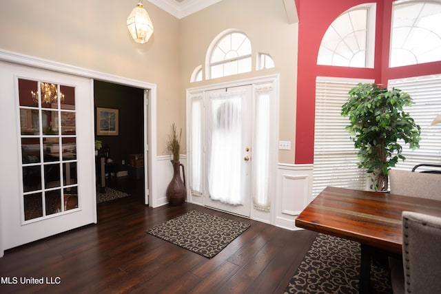 entryway featuring a towering ceiling and dark wood-type flooring