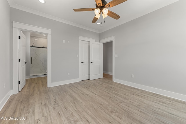 unfurnished bedroom featuring light hardwood / wood-style flooring, ceiling fan, and crown molding