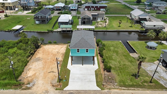 bird's eye view with a water view