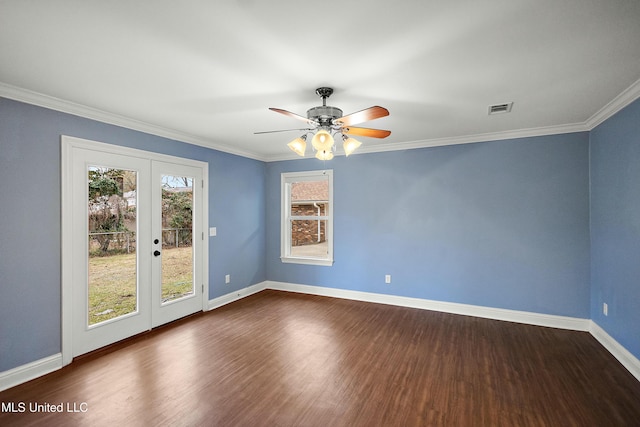 spare room with ceiling fan, french doors, dark hardwood / wood-style flooring, and ornamental molding