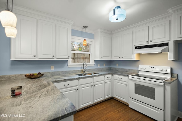 kitchen featuring pendant lighting, sink, white cabinetry, white electric range oven, and dark wood-type flooring