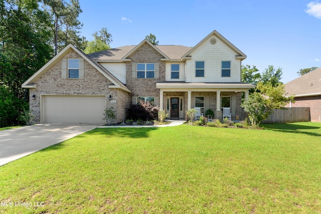 craftsman inspired home featuring covered porch, fence, an attached garage, brick siding, and concrete driveway
