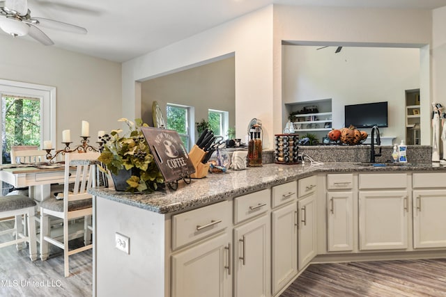 kitchen featuring light stone counters, ceiling fan, a sink, open floor plan, and light wood-type flooring
