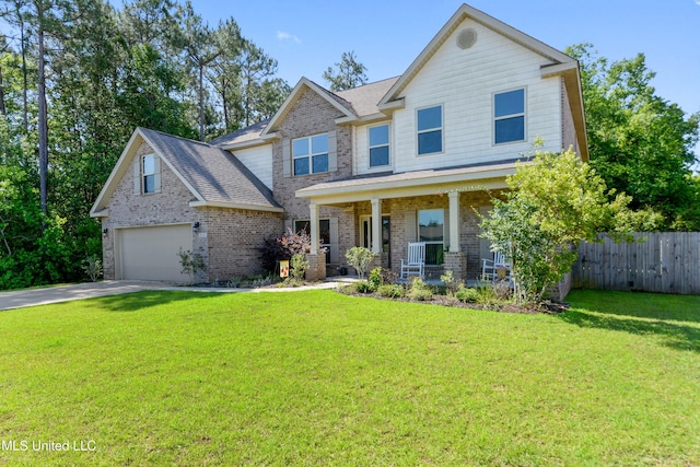 craftsman inspired home featuring a porch, fence, brick siding, concrete driveway, and a front lawn