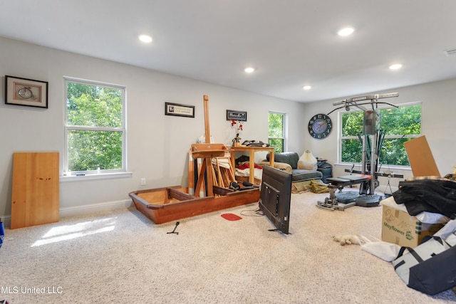 interior space with carpet, baseboards, a healthy amount of sunlight, and recessed lighting