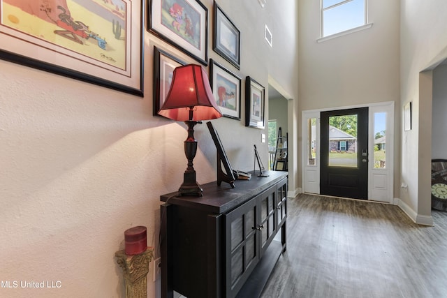 entrance foyer with a high ceiling, baseboards, visible vents, and wood finished floors