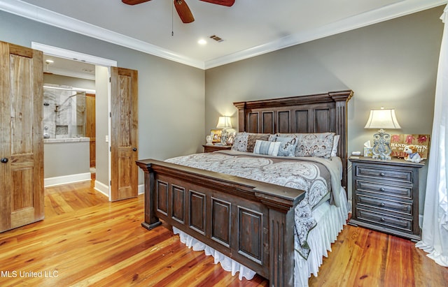 bedroom featuring light hardwood / wood-style floors, ceiling fan, and ornamental molding