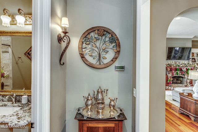 room details featuring hardwood / wood-style flooring, crown molding, and sink