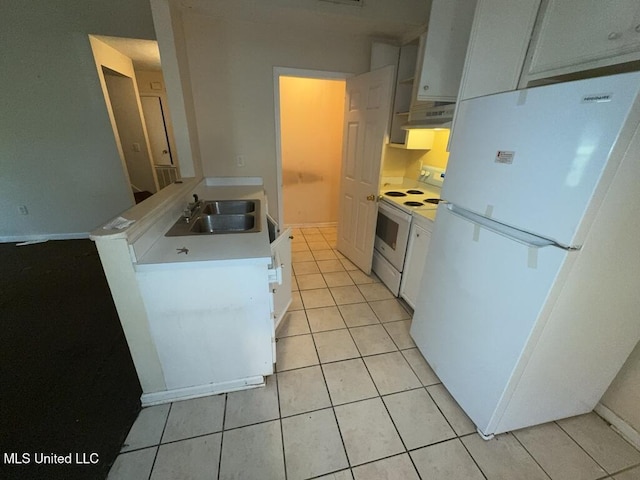 kitchen with light tile patterned floors, light countertops, a sink, white appliances, and under cabinet range hood