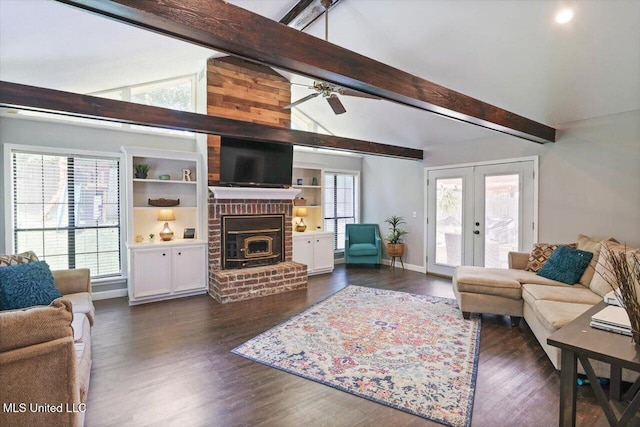 5751 Orchardview Dr, Jackson, MS 39211 - living room with a fireplace, baseboards, ceiling fan, french doors, and dark wood-style flooring