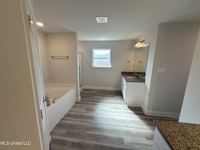 bathroom with vanity, hardwood / wood-style flooring, and plus walk in shower