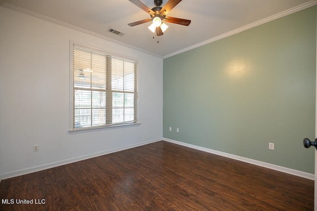 spare room featuring ornamental molding, dark hardwood / wood-style floors, and ceiling fan