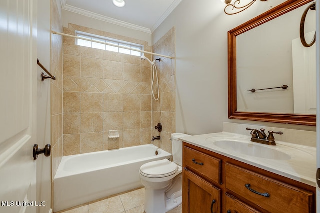 full bathroom featuring toilet, ornamental molding, vanity, tiled shower / bath combo, and tile patterned floors