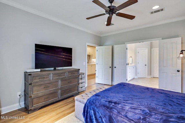106 Sumter Dr, Canton, MS 39046 - bedroom featuring light wood-style flooring, crown molding, baseboards, ensuite bath, and ceiling fan