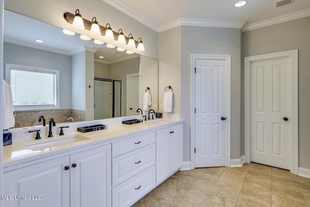 106 Sumter Dr, Canton, MS 39046 - full bath featuring crown molding, a stall shower, double vanity, recessed lighting, and baseboards