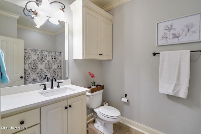 106 Sumter Dr, Canton, MS 39046 - bathroom with ornamental molding, toilet, baseboards, vanity, and a shower with shower curtain
