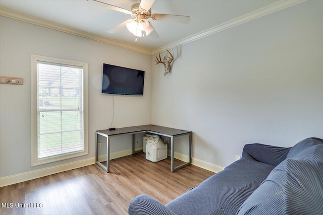 106 Sumter Dr, Canton, MS 39046 - office featuring baseboards, crown molding, wood finished floors, and a ceiling fan