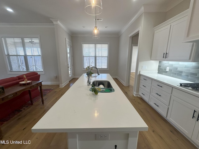 kitchen with white cabinetry, light hardwood / wood-style floors, and a center island with sink