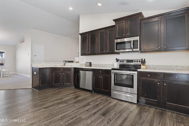 kitchen featuring appliances with stainless steel finishes, dark wood-type flooring, lofted ceiling, and a sink