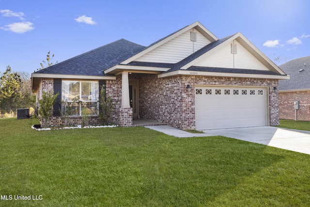 ranch-style house featuring central AC, concrete driveway, an attached garage, a front yard, and brick siding