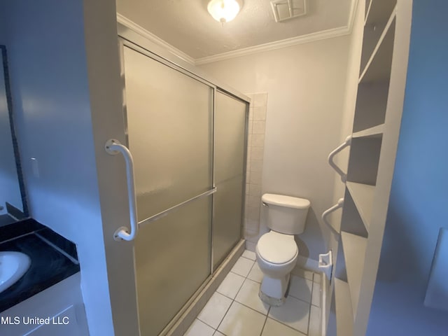 bathroom with vanity, tile patterned floors, crown molding, toilet, and an enclosed shower