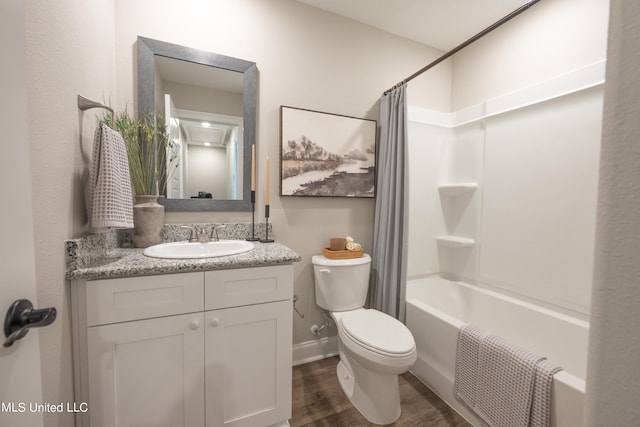 full bathroom featuring wood-type flooring, radiator, toilet, vanity, and shower / bathtub combination with curtain