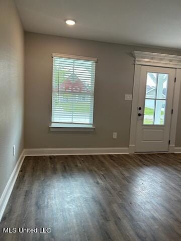 entryway with a healthy amount of sunlight and dark hardwood / wood-style flooring