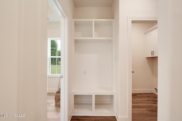 mudroom with wood-type flooring