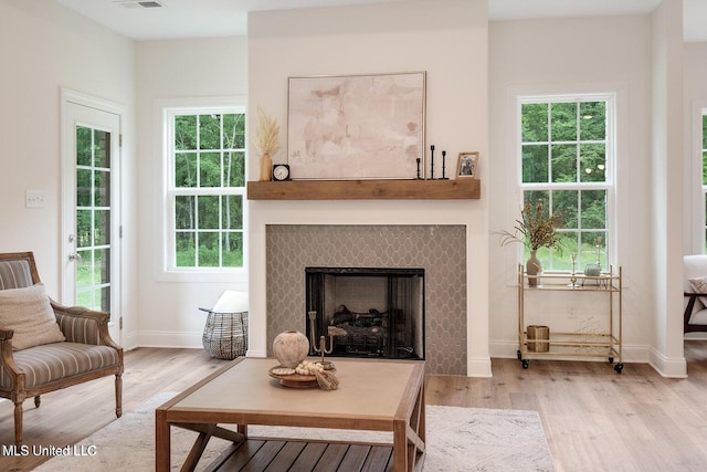 sitting room with plenty of natural light and light hardwood / wood-style flooring