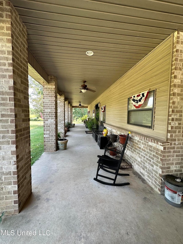 view of patio / terrace featuring ceiling fan and a porch