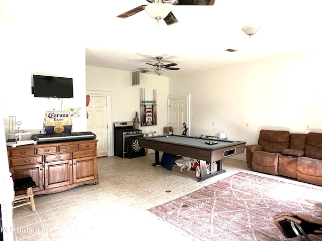 game room featuring ceiling fan and pool table